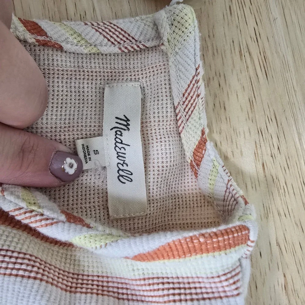 Madewell Women's Size Small Puff Sleeve Jacquard Stripe Top Orange Yellow Crew